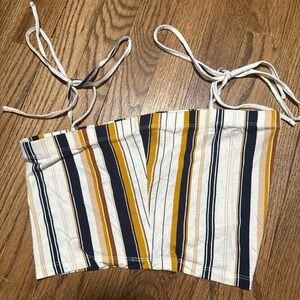 Forever 21 White Navy Mustard Striped Tie-Shoulder Crop Top